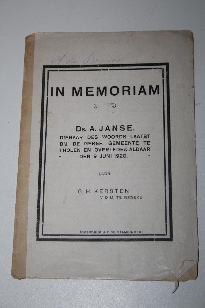 In Memoriam Ds. A. Janse, door Ds. G.H. Kersten (1920), Boeken, Ophalen of Verzenden, Gelezen, Christendom | Protestants