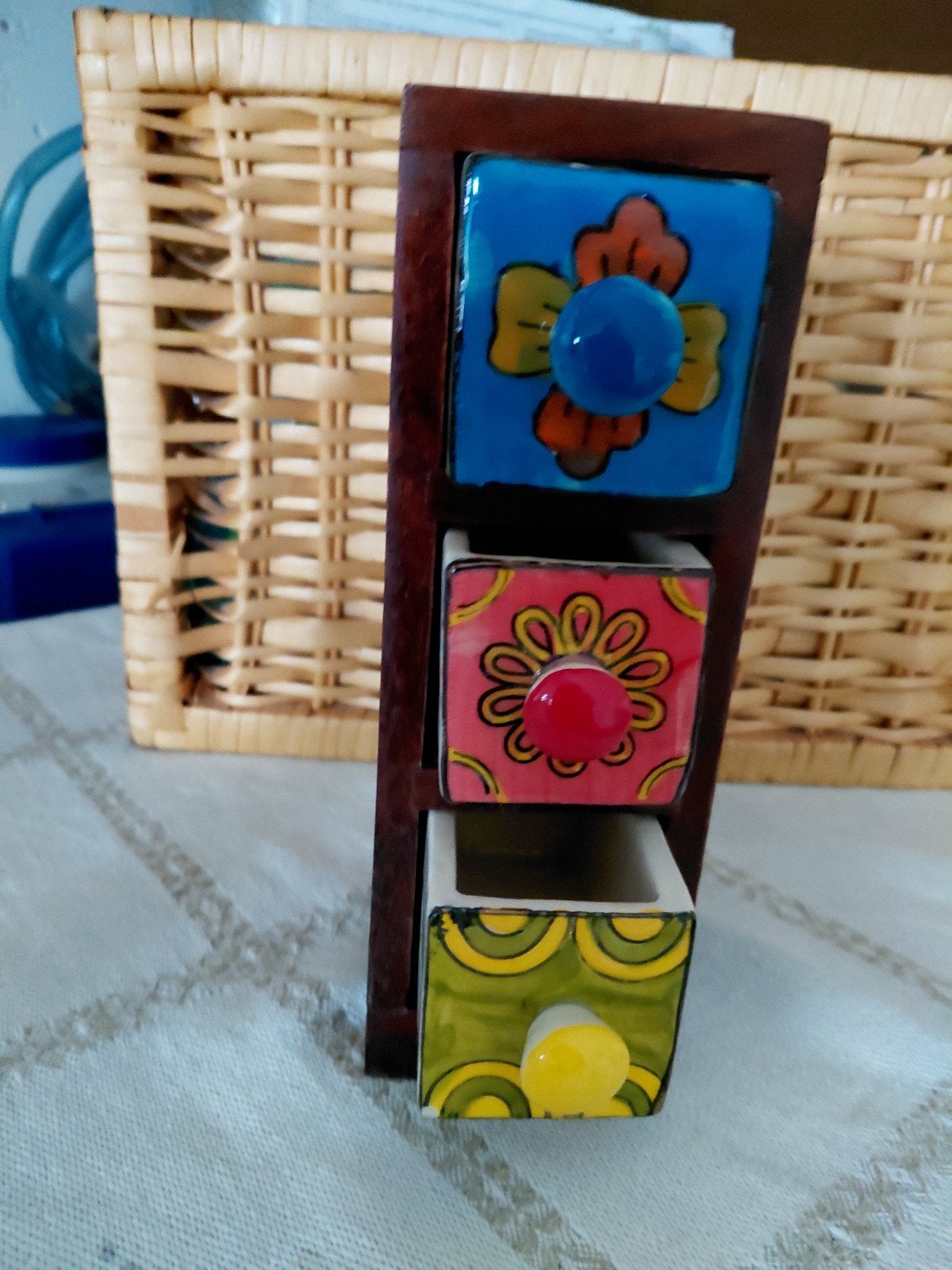 Vintage Apothekerskastje met 3 porseleinen laatjes, Gebruikt, Meerkleurig, Ophalen of Verzenden, Vintage