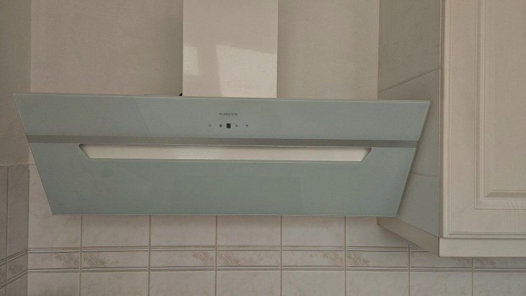 Moderne glazen Klarstein afzuigkap, 90cm, Witgoed en Apparatuur, Afzuigkappen, Ophalen, Wandschouwkap, Motor, Zo goed als nieuw