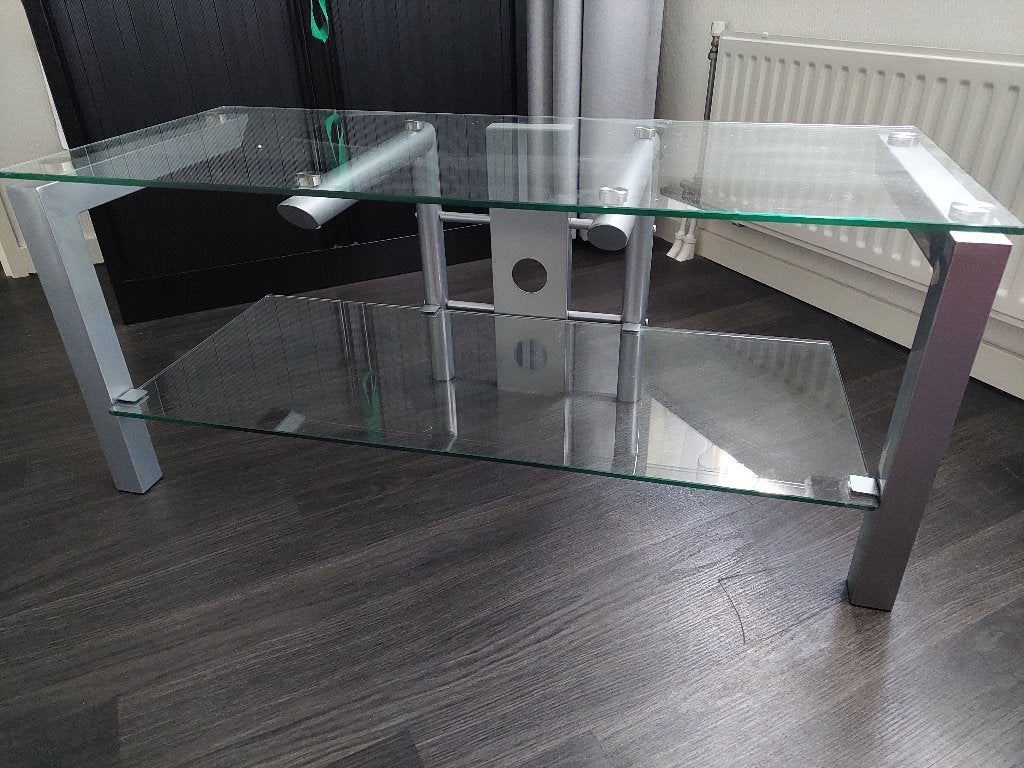 Modern glazen/metalen TV meubel, Ophalen, Gebruikt, 100 tot 150 cm, Glas