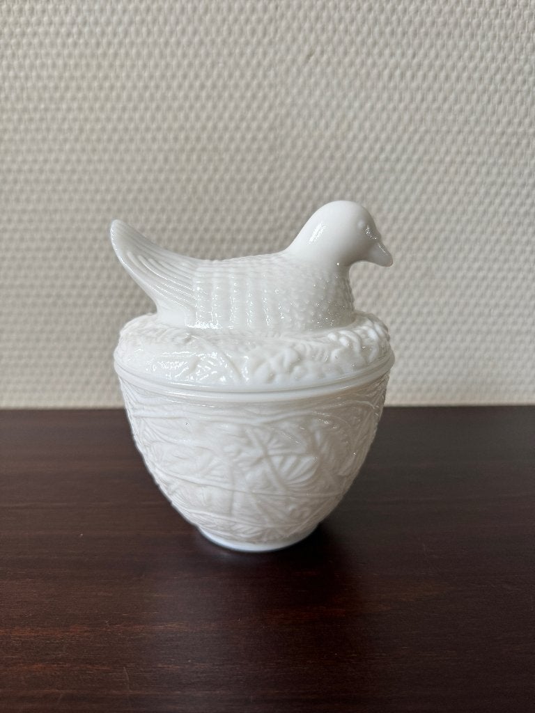 Opaline Wit Glazen Doosje van Avon met Kip/Kuiken, Ophalen of Verzenden