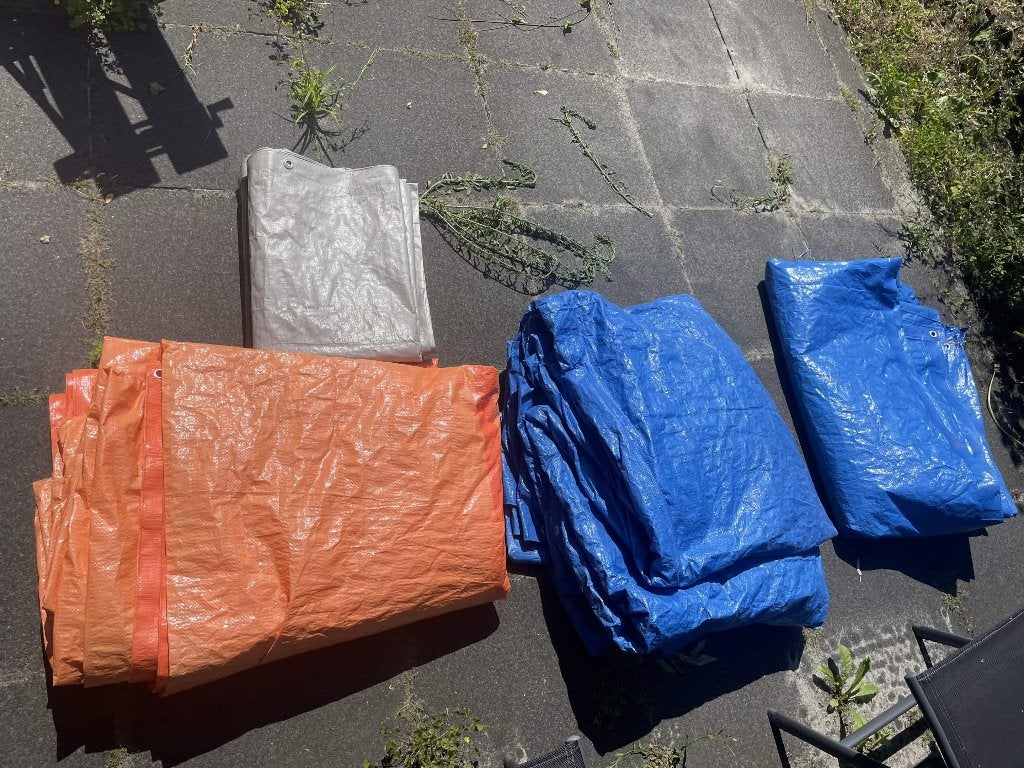 Dekzeilen (grijs, rood, blauw, verscheidene formaten), Doe-het-zelf en Verbouw, Zeil en Folie, Ophalen of Verzenden, Gebruikt