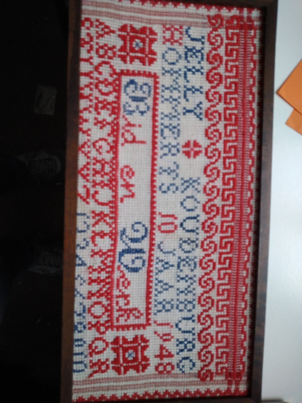 Borduur in lijst zonder glas, Antiek en Kunst, Antiek | Kleden en Textiel, Ophalen of Verzenden