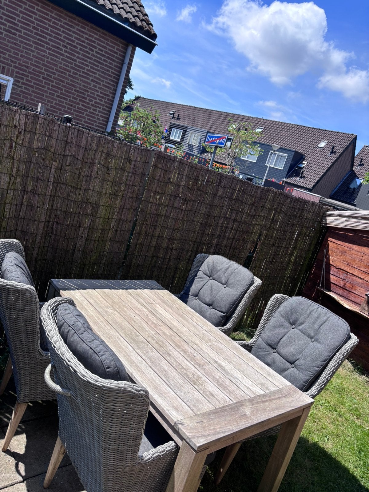 Tuinset teakhout, Tuin en Terras, Tuinsets en Loungesets, Gebruikt, Tuinset, Teakhout, 4 zitplaatsen, Eettafel, Stoel, Ophalen