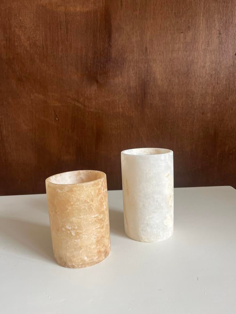 Alabaster Kaarsenhouder Set Cilinder M + L, Overige materialen, Crème, Nieuw, Ophalen of Verzenden