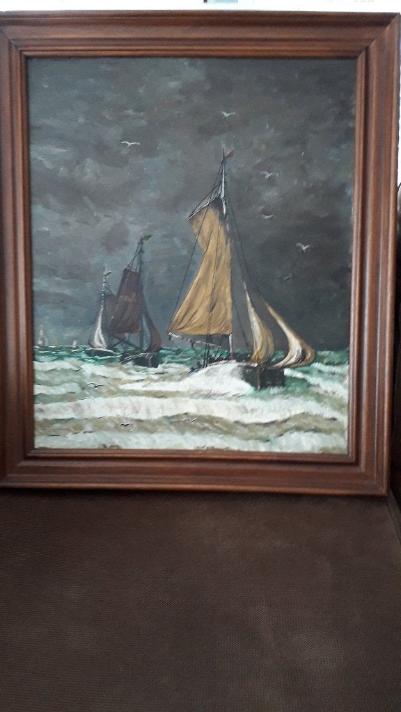 SCHILDERIJ: ZEILSCHEPEN OP ZEE ,IN EIKEN LIJST, Antiek en Kunst, Kunst | Schilderijen | Klassiek, Ophalen of Verzenden