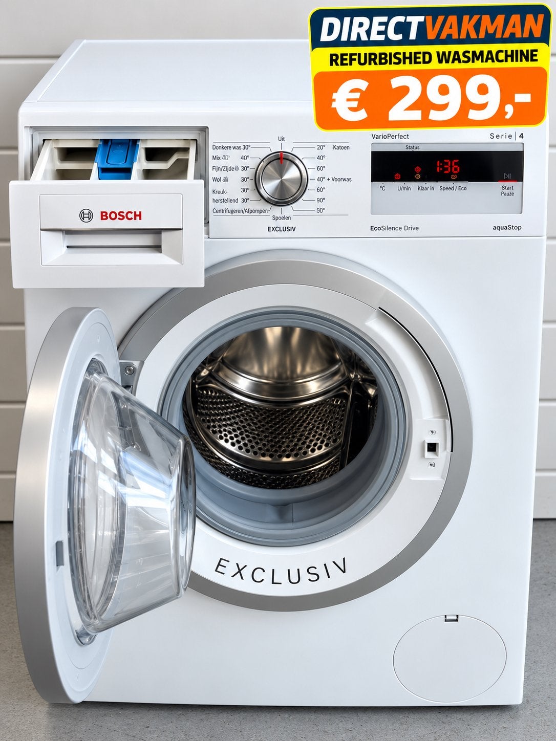 Bosch Serie 4 Exclusiv – 8 kg – 1400 toeren – Refurbished, Ophalen of Verzenden, Zo goed als nieuw, 85 tot 90 cm, 1200 tot 1600 toeren