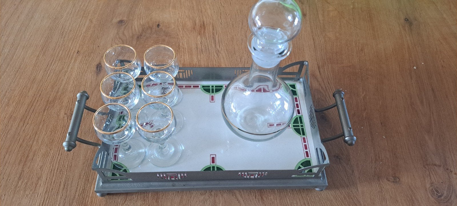Vintage dienblad met karaf en glaasjes, Ophalen of Verzenden