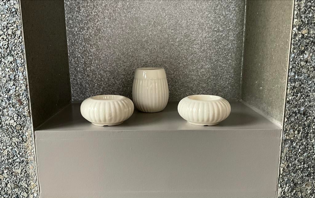 Mignon Collection: Set van 3 Crèmekleurige Keramische Potjes, Ophalen, Zo goed als nieuw, Modern, Wit