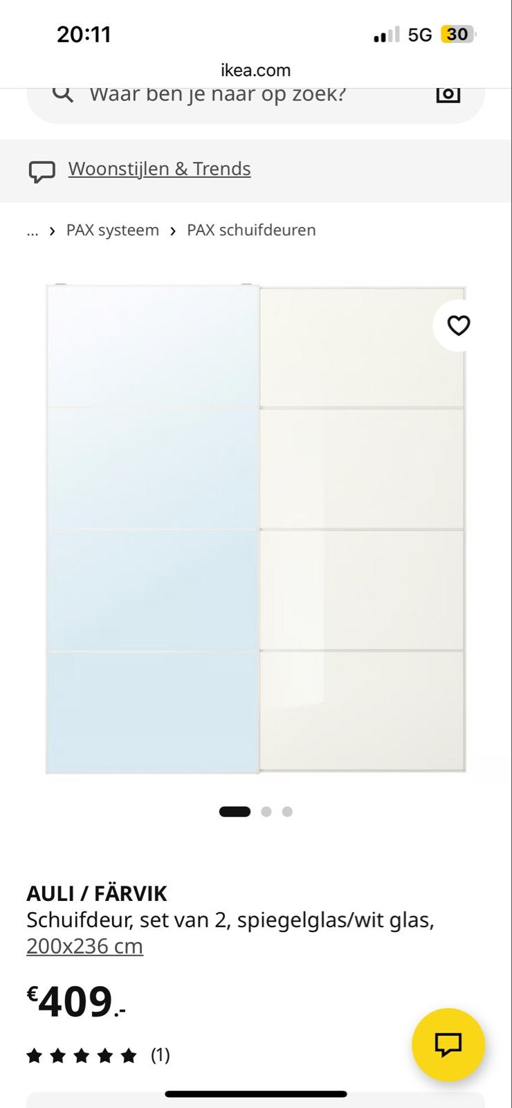 IKEA AULI / FÄRVIK Schuifdeur, set van 2, spiegelglas/wit gl, Ophalen, 200 cm of meer, 150 tot 200 cm, Nieuw