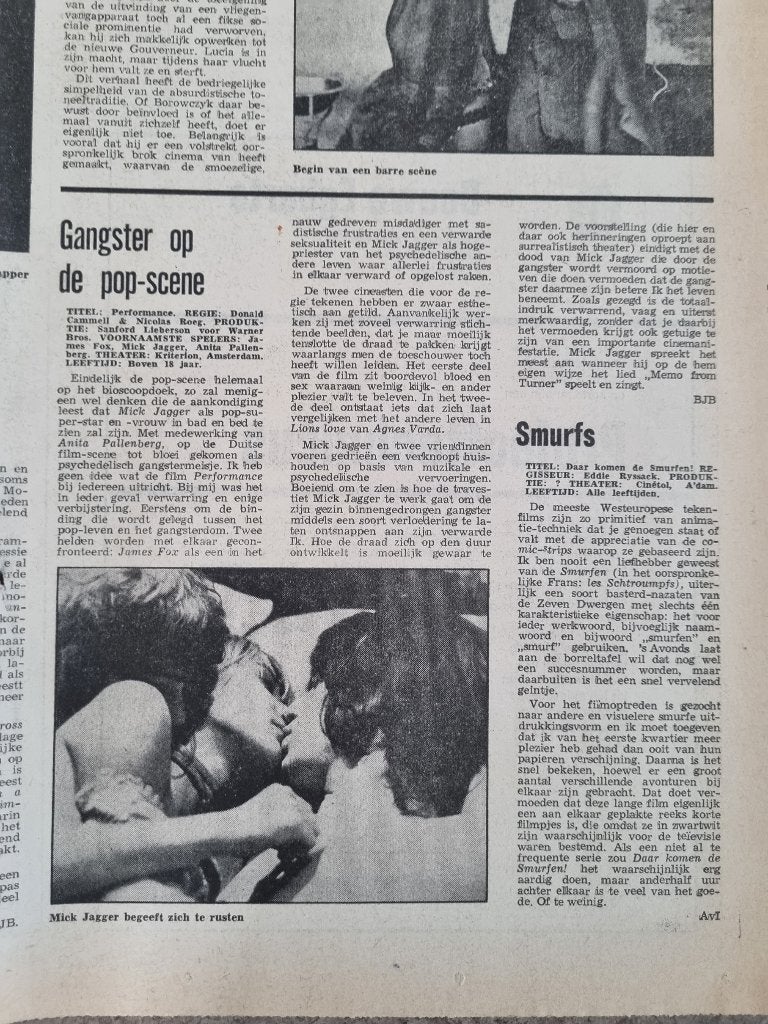 Filmrecensie Mick Jagger (Stones) in Performance (1970), Ophalen of Verzenden, 1960 tot 1980, Knipsel(s)