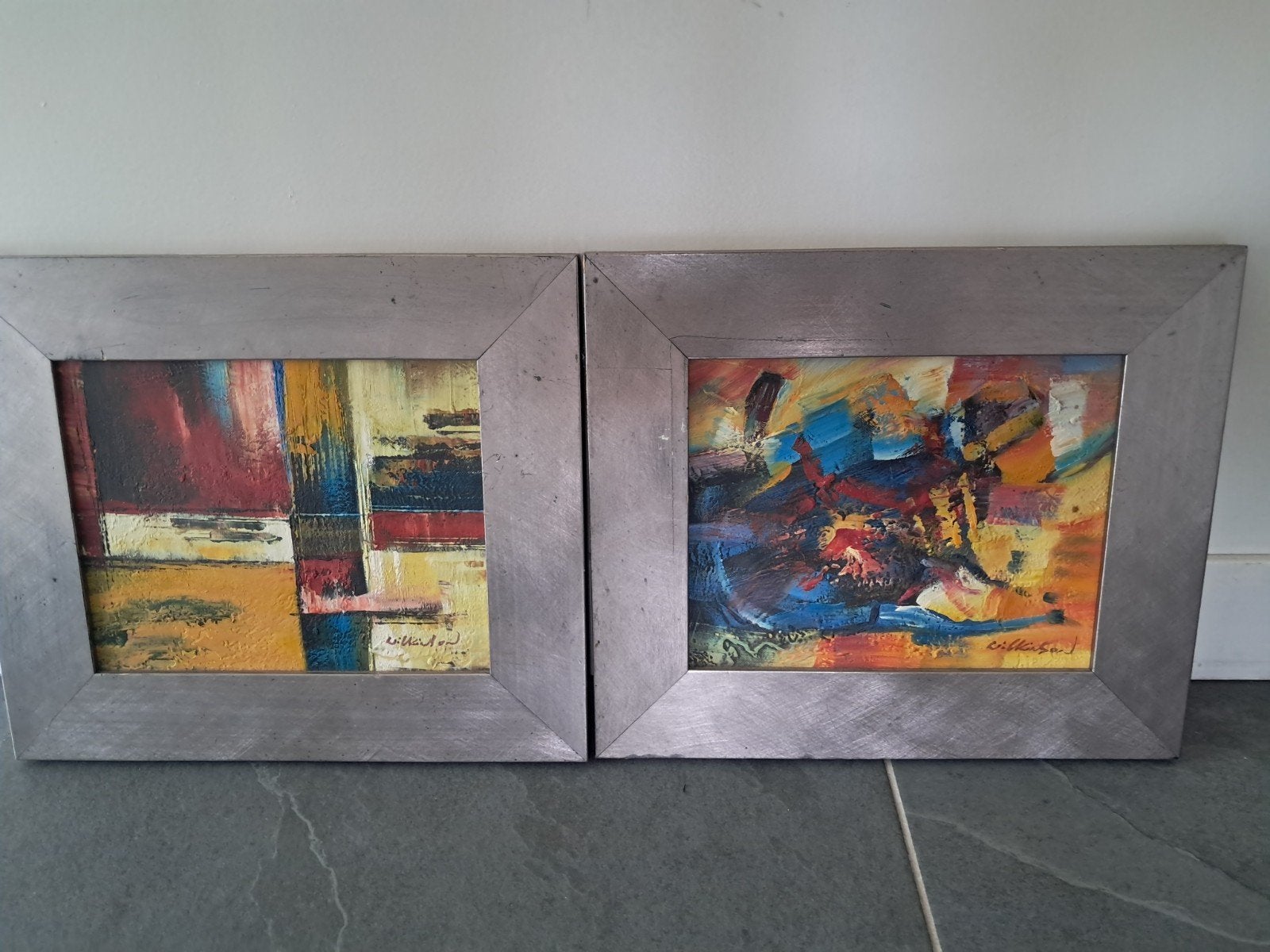 Twee abstracte schilderijen in lijst, 35,5 x 31 cm, Antiek en Kunst, Kunst | Schilderijen | Abstract, Ophalen of Verzenden