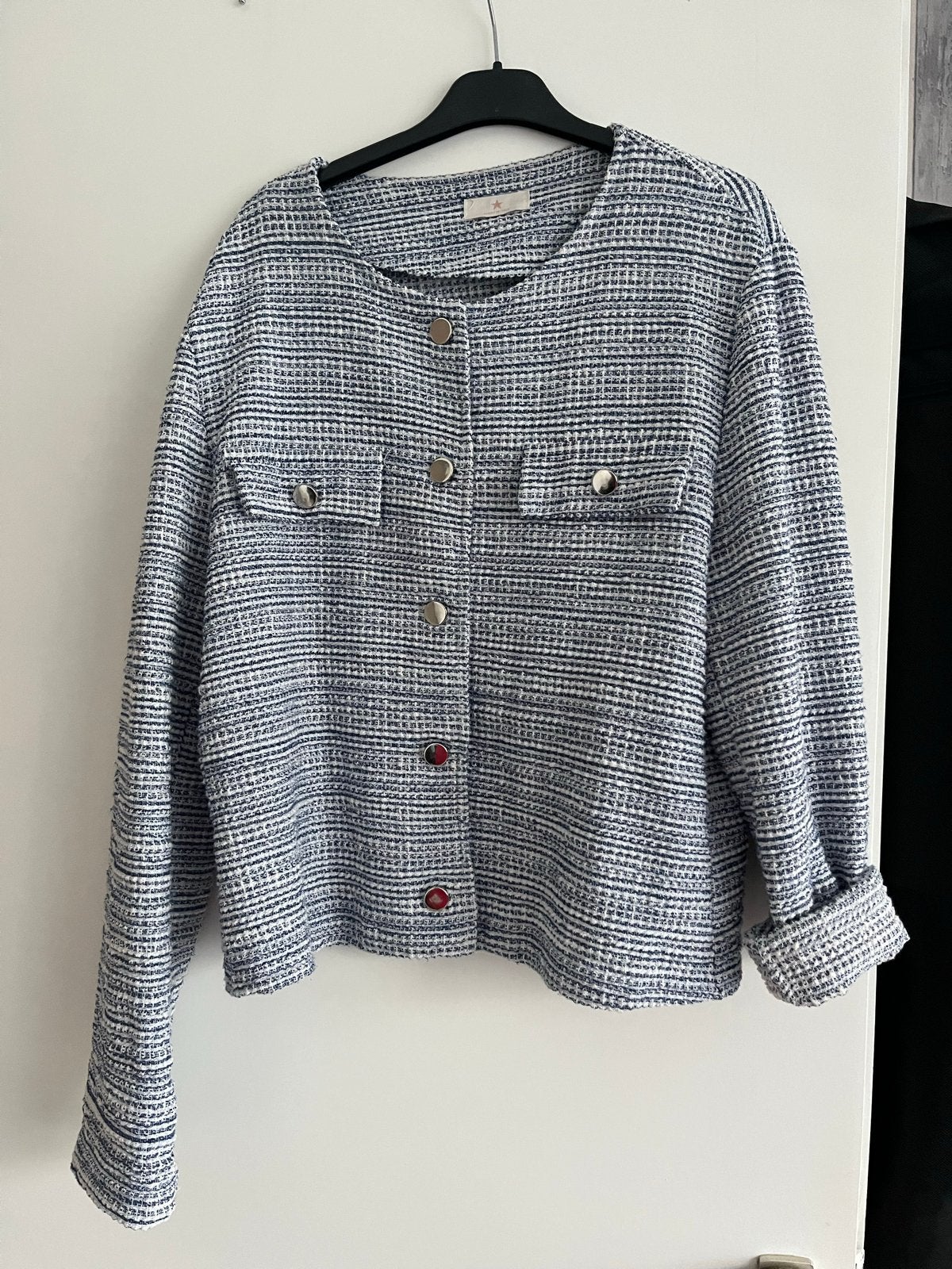 Stijlvol Tweed Jasje - Blauw/Wit - Maat M, Ophalen of Verzenden, Zo goed als nieuw, Maat 38/40 (M), Blauw