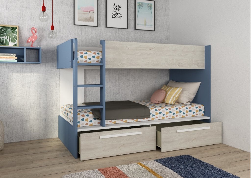 Jules stapelbed met twee lades - 90x200 - Blauw, Niet ingevuld, Niet ingevuld, Niet ingevuld