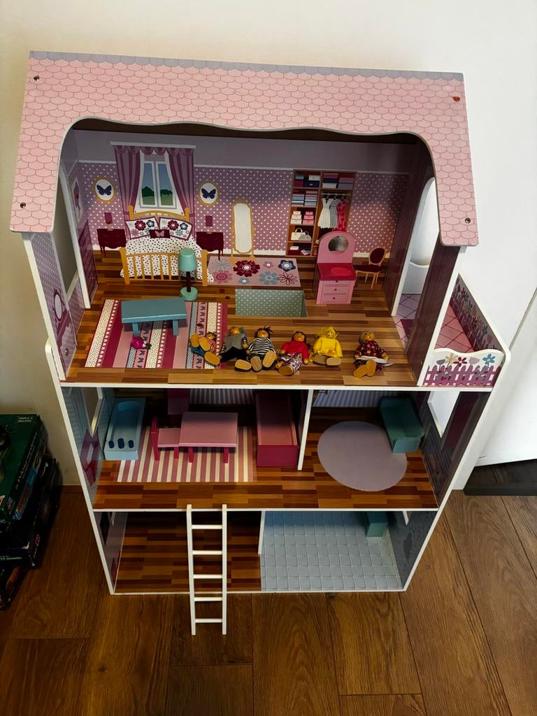 Groot XL Houten Poppenhuis met Meubels en Poppen, Kinderen en Baby's, Speelgoed | Poppenhuizen, Ophalen, Zo goed als nieuw, Poppenhuis