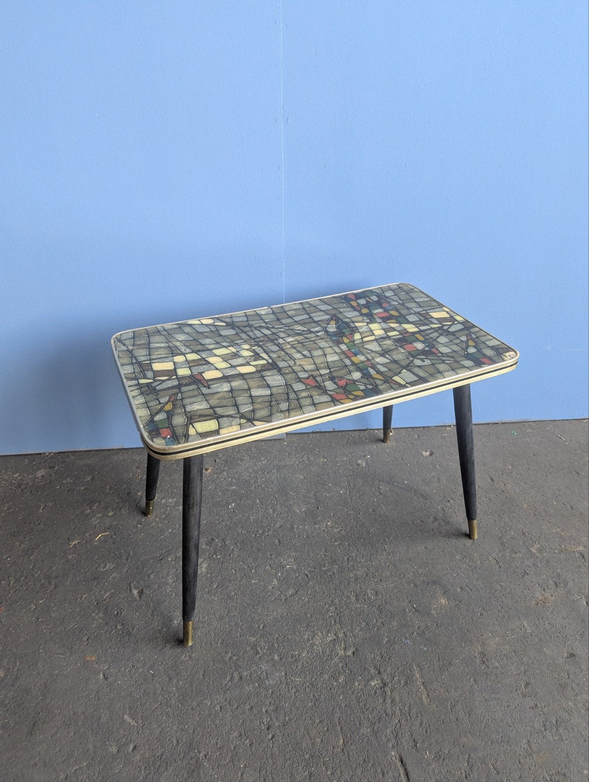 Vintage messing planten tafeltje met mozaïek blad, Huis en Inrichting, Tafels | Sidetables, Gebruikt, 25 tot 50 cm, 50 tot 100 cm