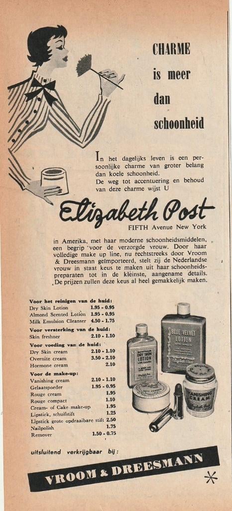 retro reclame 1955 V&D Vroom Dreesman schoonheidsmiddelen, Verzenden, Overige typen