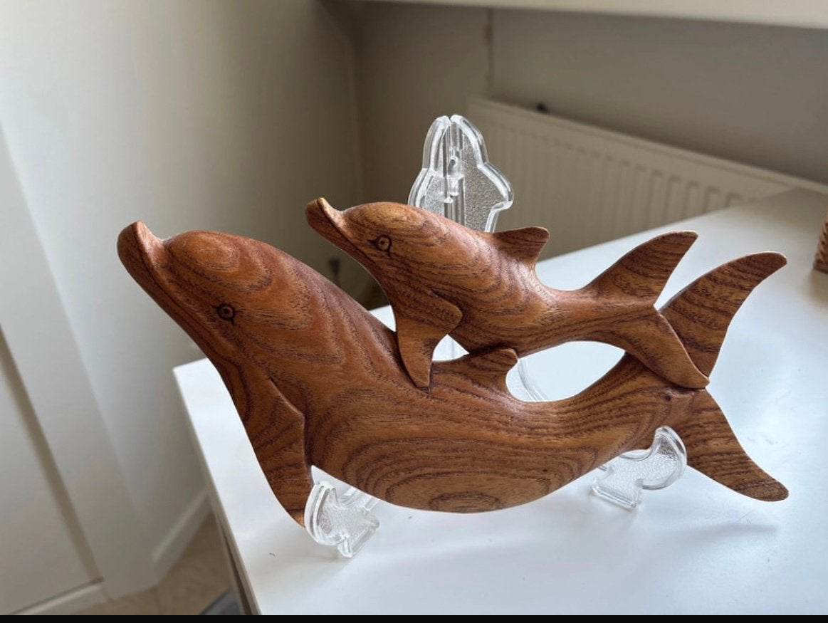 Vintage houten wanddecoratie dolfijnen, Wandsculptuur, Gebruikt, Hout, Vintage