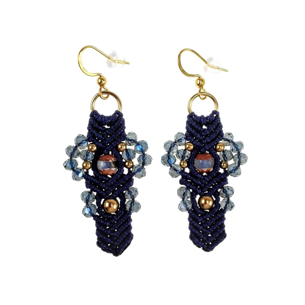 Lange Oorbellen Dames Verguld RVS Donkerblauw Micro-Macramé, Overige materialen, Hangers, Birgitta-Gracht 33, 6465 EL Kerkrade, Nederland