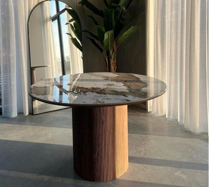 NIEUW eettfafel 120 cm dia Japandi stijl marmerlook blad, Ophalen, 100 tot 150 cm, Rond, Nieuw