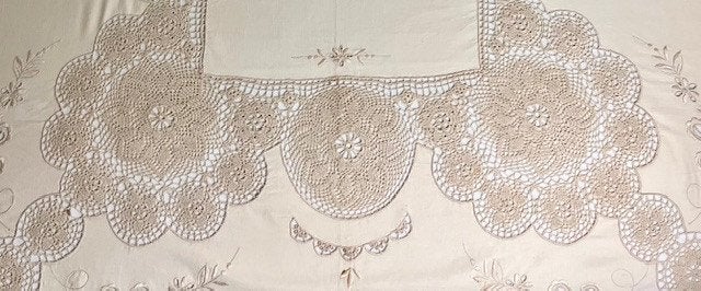Antiek Frans tafelkleed met 12 servetten Richelieu handwerk, Ophalen of Verzenden
