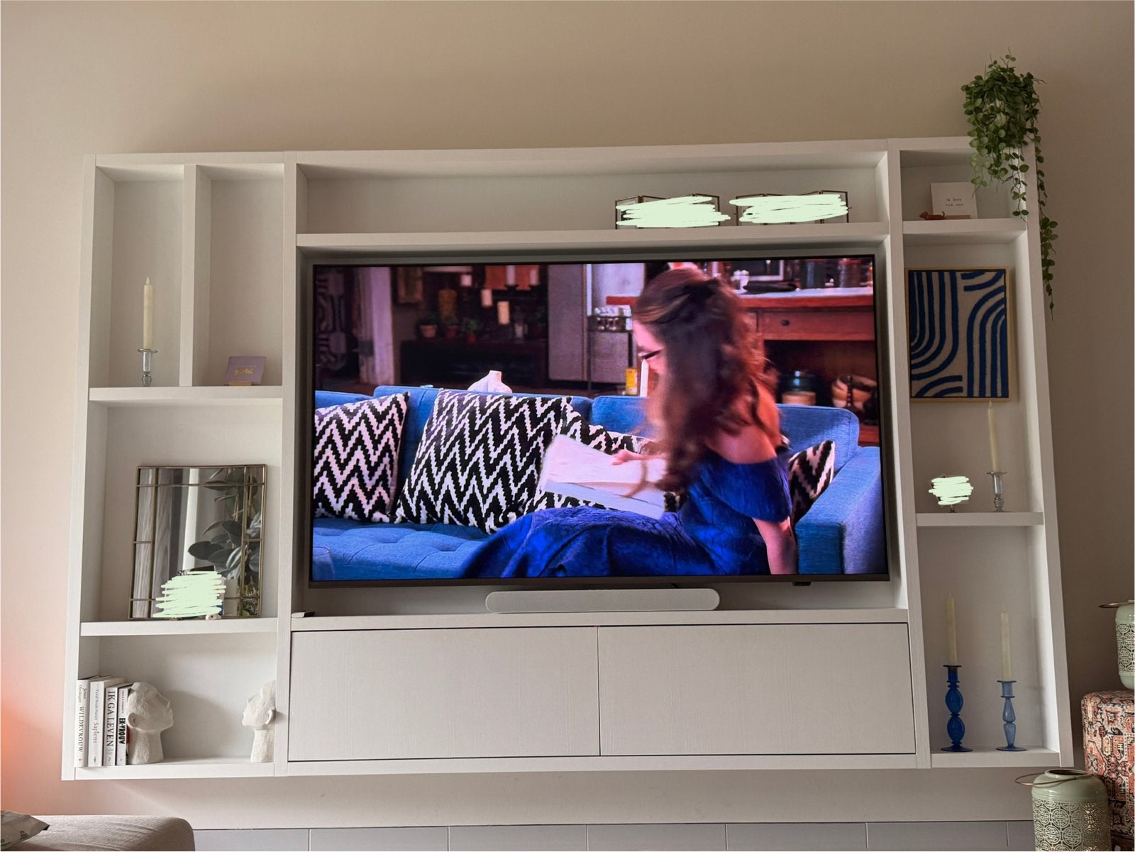 Moderne Cinewall / TV-meubel van White Oak voor 75 inch TV, Ophalen, Zo goed als nieuw, Hout