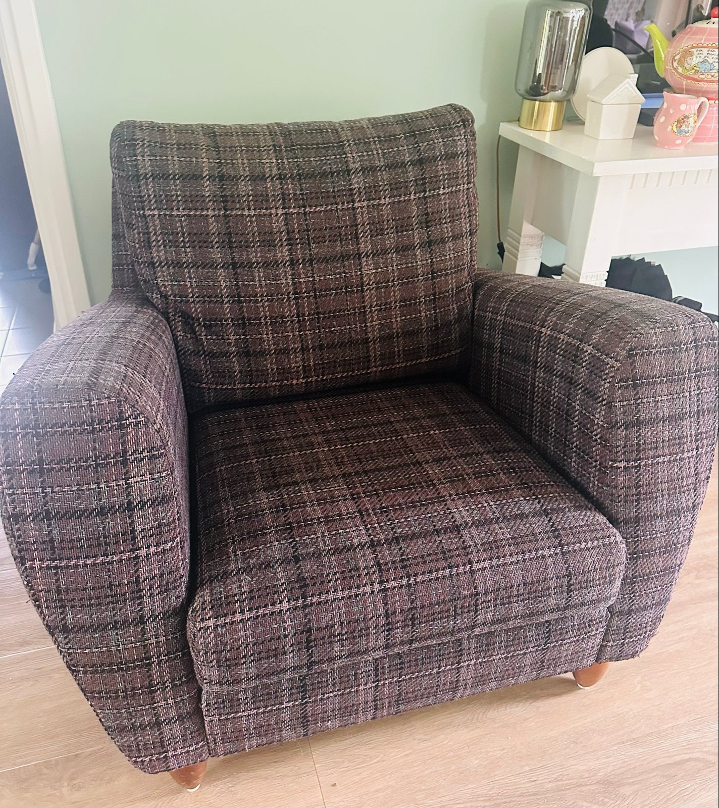 Comfortabele fauteuil met Schotse ruit - Gebruikt, Huis en Inrichting, Fauteuils, Ophalen, Gebruikt, Stof, 75 tot 100 cm
