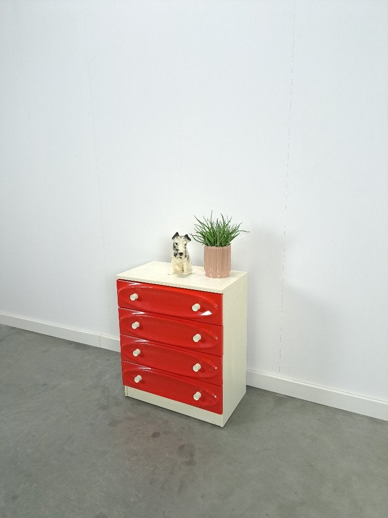 Vintage ladekast met rood roze kunststof lades 1970, Huis en Inrichting, Kasten | Ladekasten, Ophalen, Gebruikt, Space age, vintage