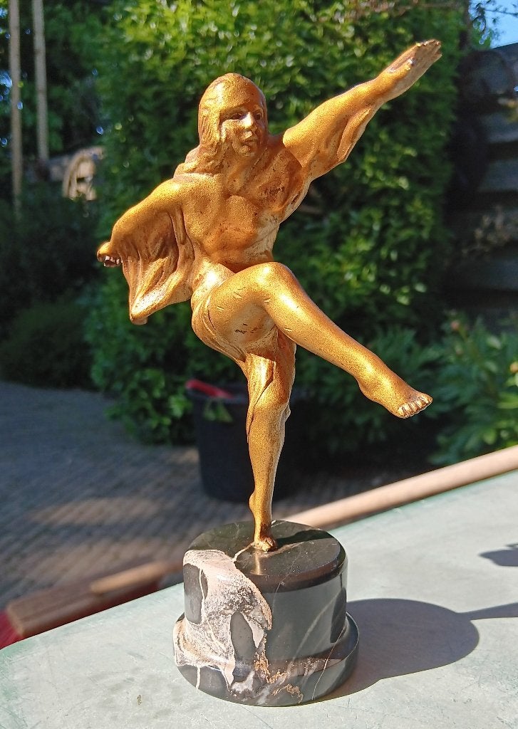 Antiek Max Le Verrier - Automascotte, brons dame in de wind, Minder dan 20 cm, Art deco, Ophalen of Verzenden, Brons