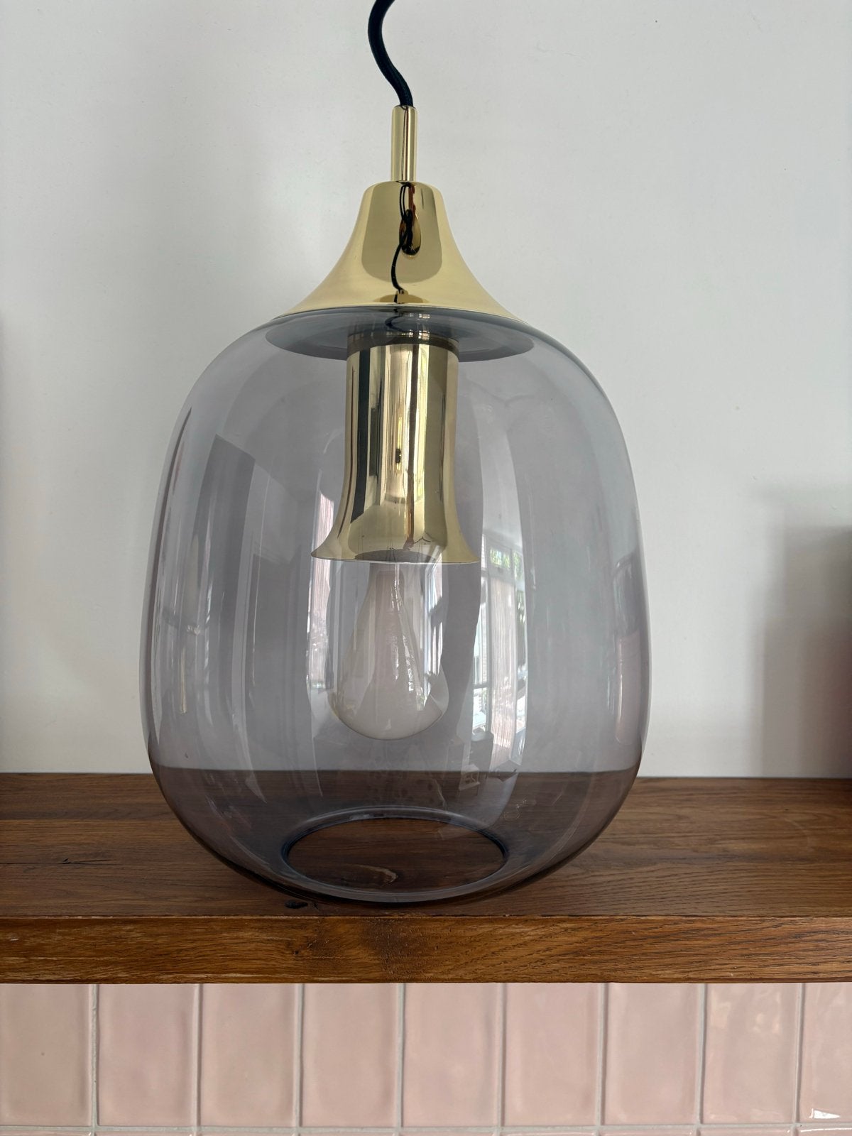 Midcentury hanglamp rookglas en messing, verstelbaar, Ophalen of Verzenden, Gebruikt, Glas