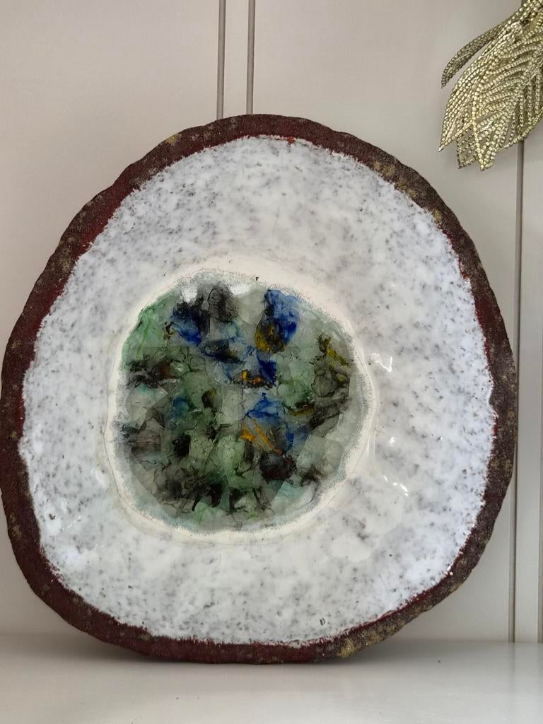 Vintage schaal met glasfusion - 22 cm diameter, Ophalen of Verzenden