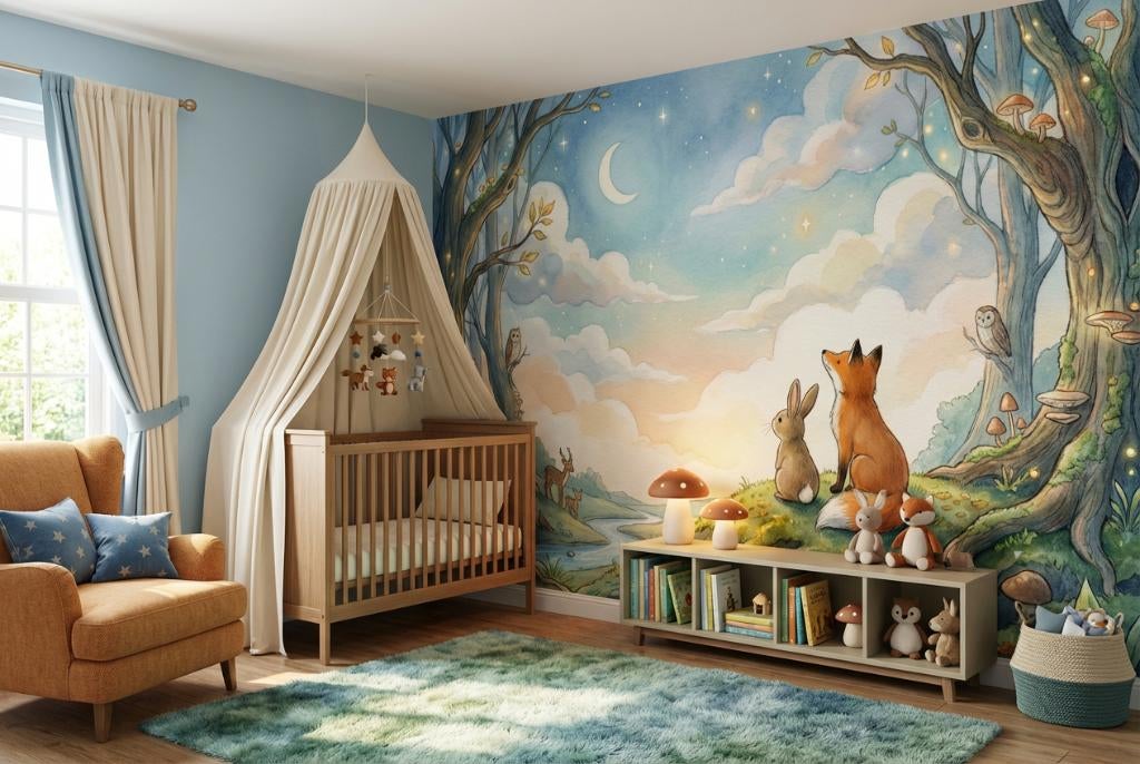 Kinderkamer Fotobehang Vos & Konijn – Montage mogelijk, Ophalen of Verzenden, Minder dan 10 m², Blauw, Kinderkamer fotobehang