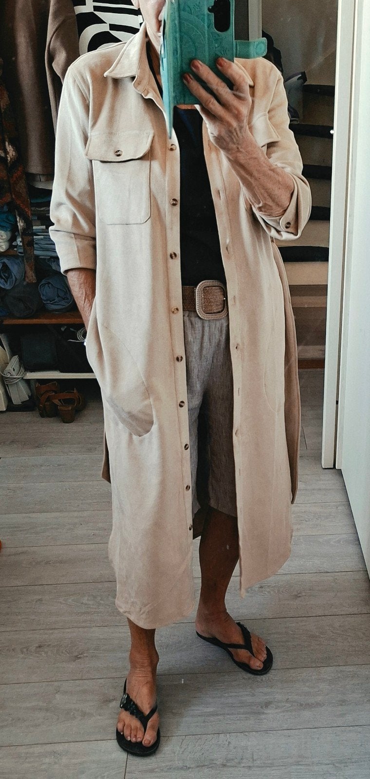 Beige lange jurk/jas., Maat 38/40 (M), Beige, Ophalen of Verzenden, Zo goed als nieuw