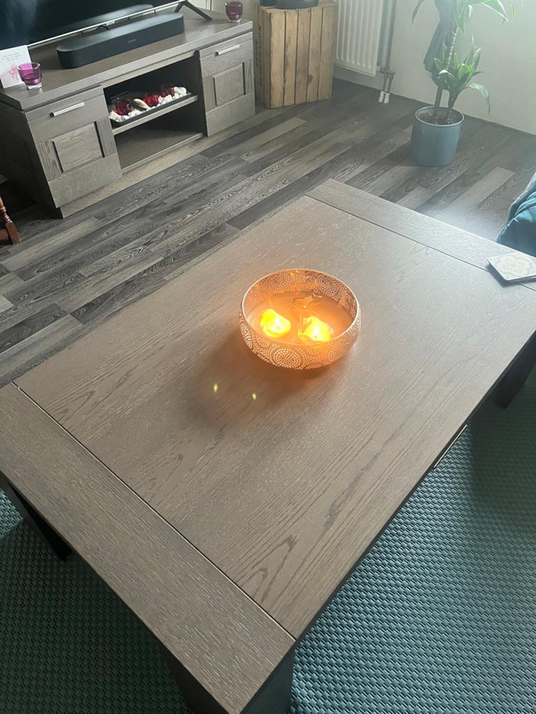 Salontafel chocolate oak geborsteld met lade, Gebruikt, 100 tot 150 cm, Eikenhout, Minder dan 50 cm