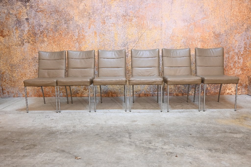 IZGS! 6 bruine/taupekleurige leren Bert Plantagie stoelen, Bruin, Ophalen of Verzenden, Zo goed als nieuw, Bert Plantagie