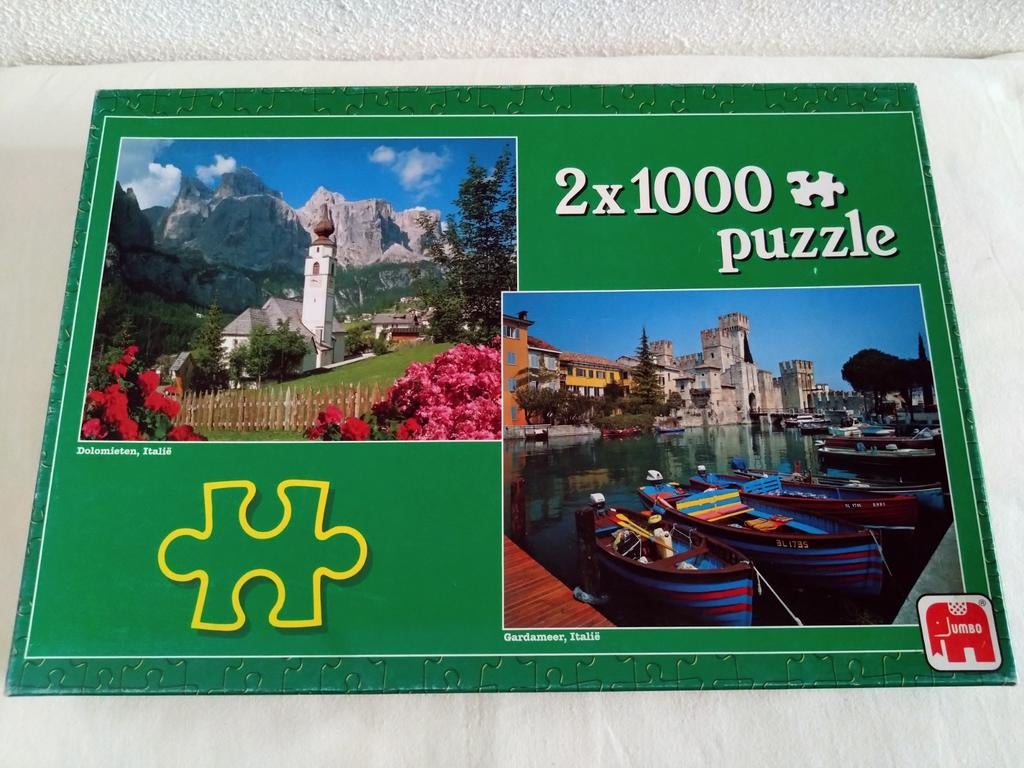 Jumbo 2x1000 puzzel Dolomieten & Gardameer, Ophalen of Verzenden, 500 t/m 1500 stukjes, Gebruikt, Legpuzzel
