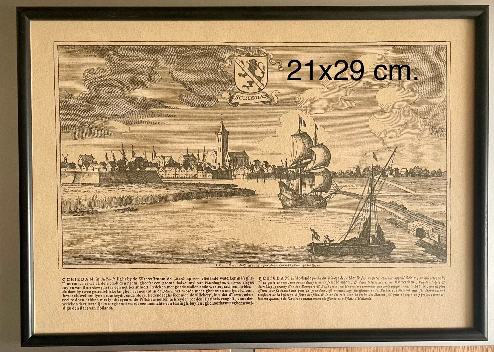 Antieke Gravure Schiedam - Stadsgezicht met Schepen, Ingelijst, Stadsgezicht, Ophalen of Verzenden, Gravure