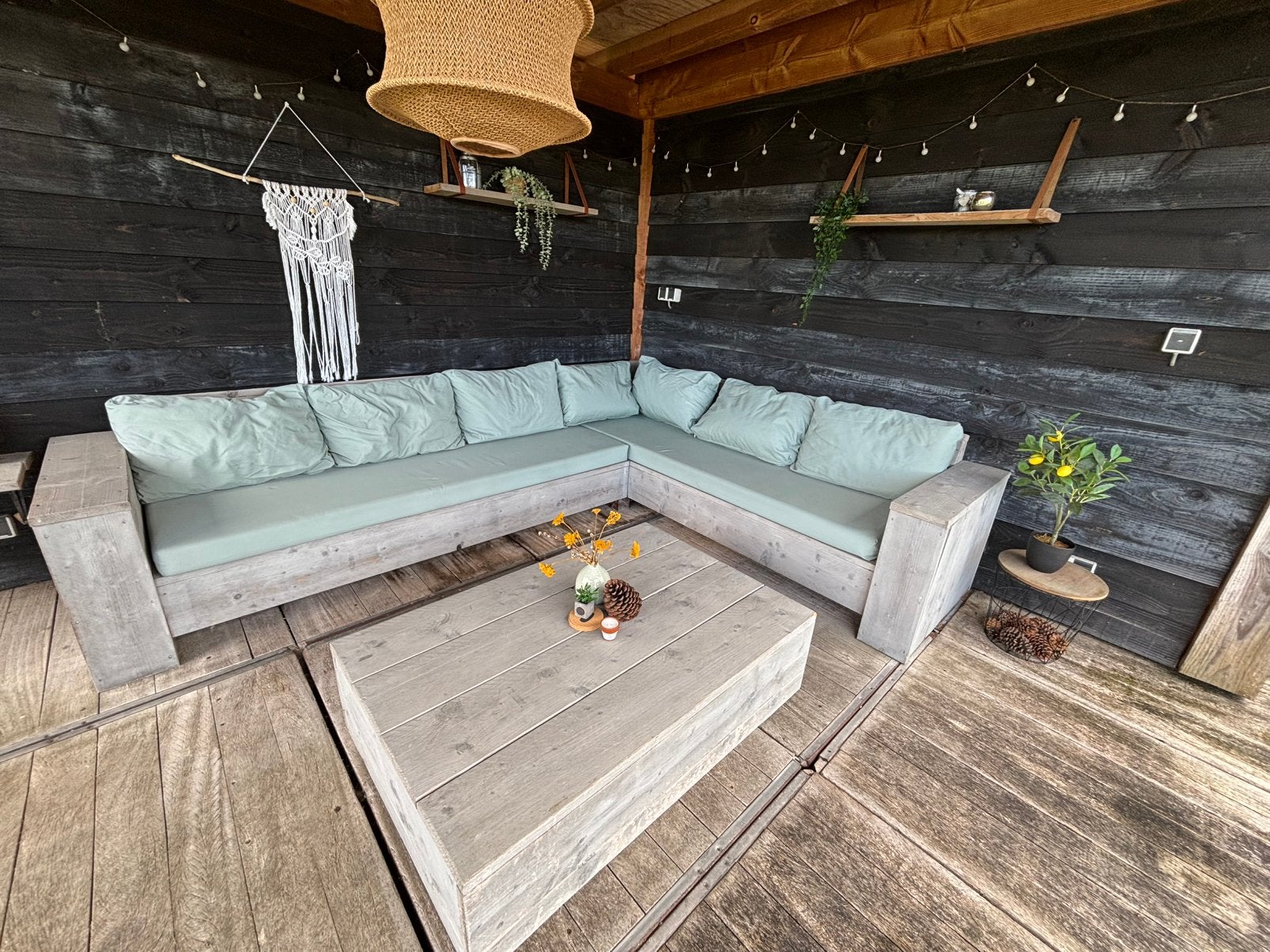 Loungebank, loungeset van steigerhout, Ophalen, Gebruikt, 6 zitplaatsen, Loungeset