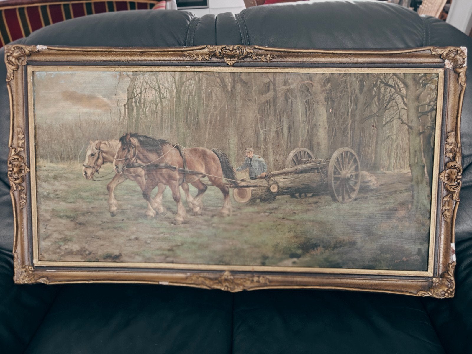 Olieverfschilderij Dirk Meesters - Paarden in het bos, Ophalen, Gesigneerd, Landschap