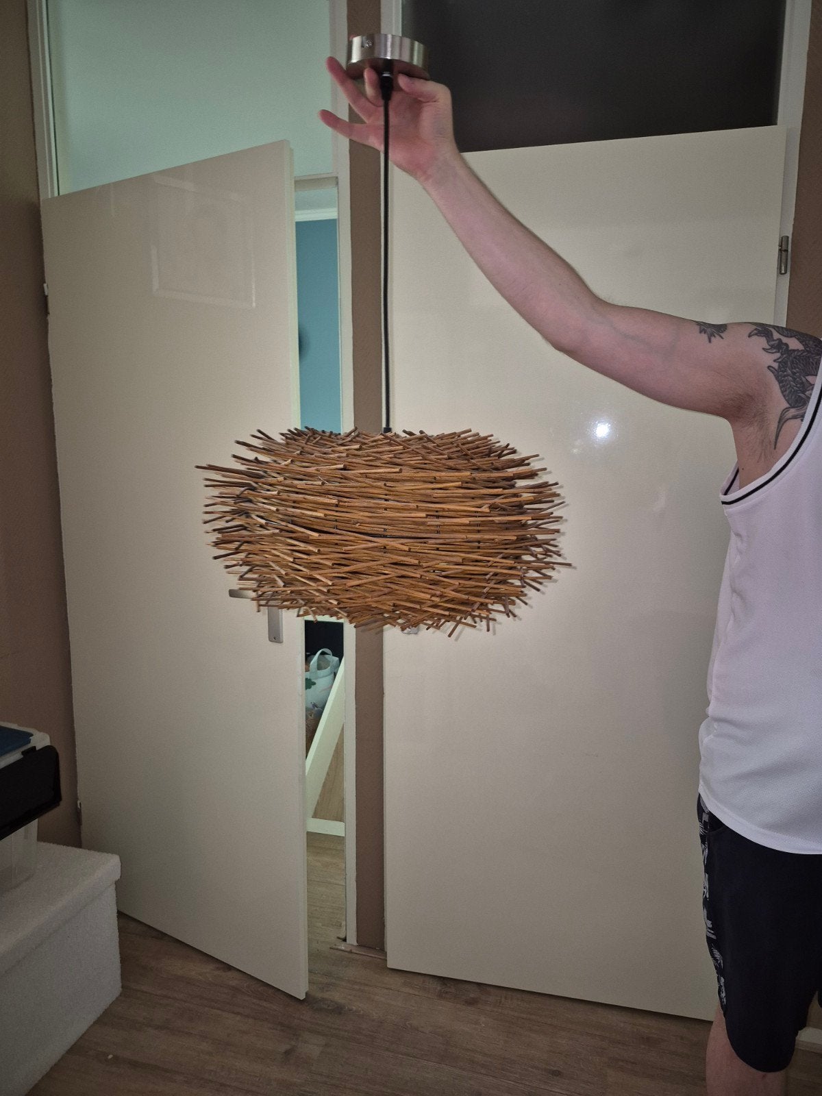 Leuke rieten hanglamp, Huis en Inrichting, Lampen | Kroonluchters, Ophalen, Zo goed als nieuw