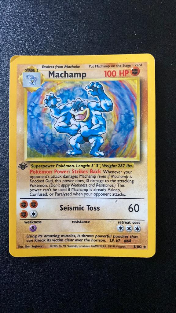 Pokemon machamp 8/102 holo engels base set, Ophalen, Gebruikt, Losse kaart