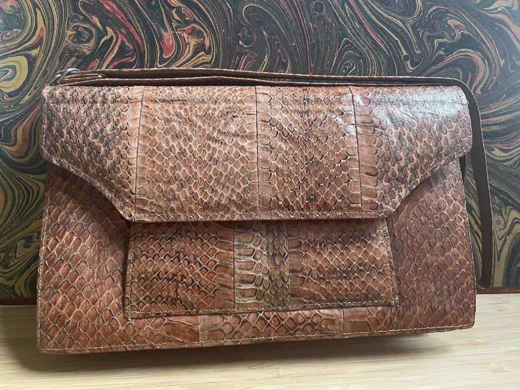 Vintage slangenleer avondtasje, Sieraden, Tassen en Uiterlijk, Tassen | Damestassen, Ophalen of Verzenden, Gebruikt, Bruin, Handtas