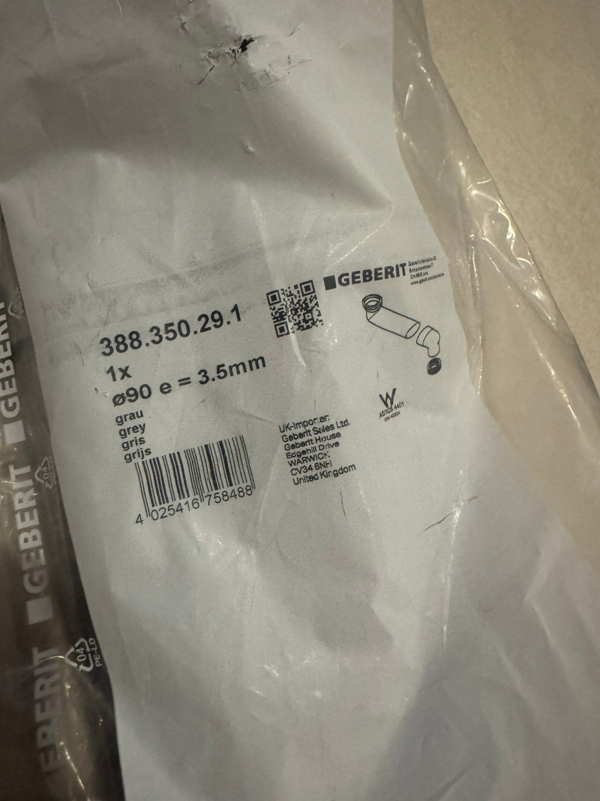 Geberit buis/onderdeel Ø90 – nieuw in verpakking, Ophalen, Zo goed als nieuw, Pvc, Overige typen