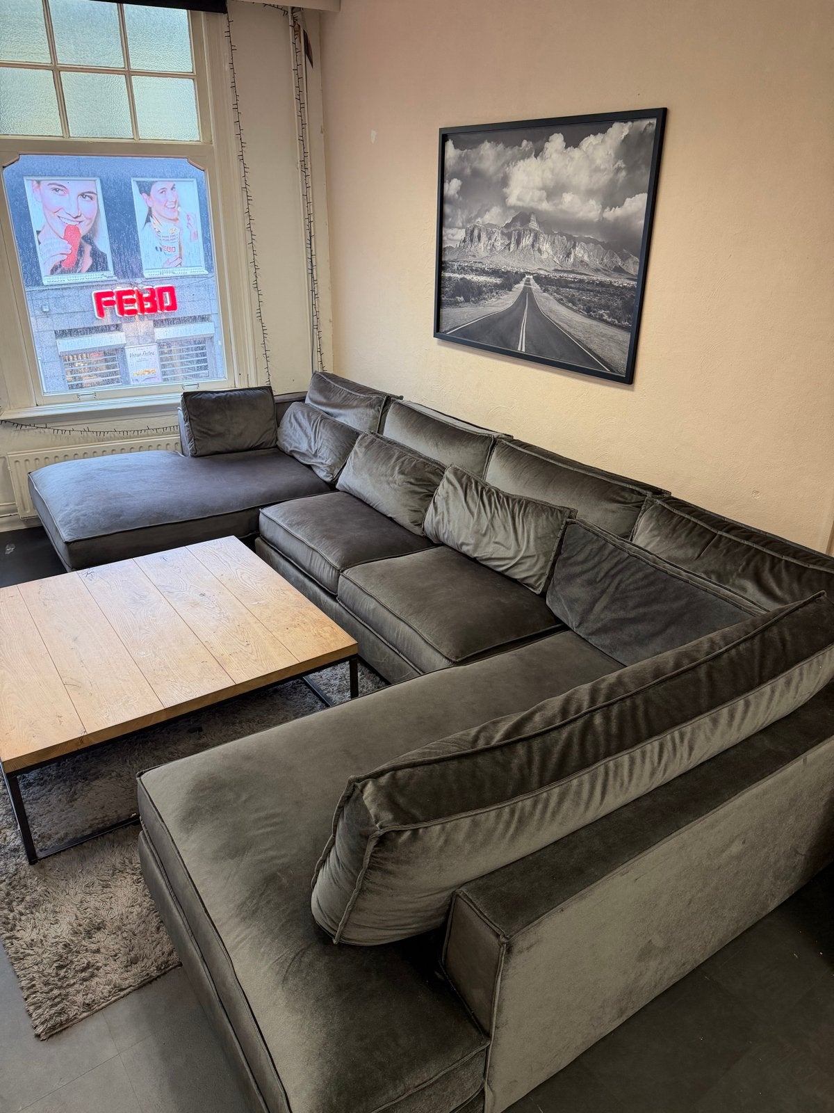 Grote velvet U-bank donkergrijs, Huis en Inrichting, Ophalen, Gebruikt, Hoekbank, 300 cm of meer