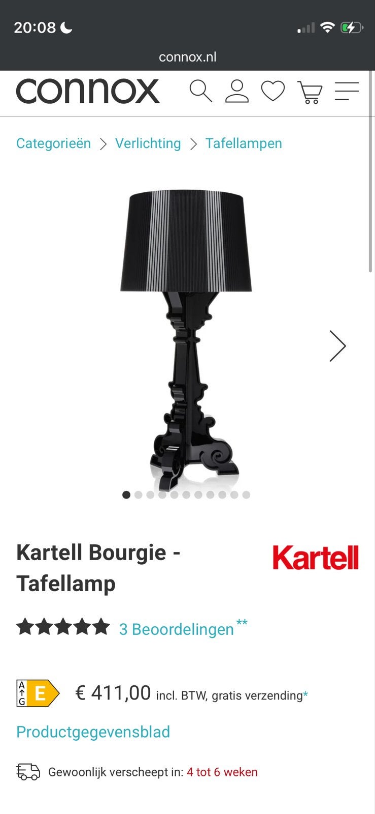 Kartell Bourgie Tafellamp - Zwart, Ophalen, Kunststof, Zo goed als nieuw, Philips