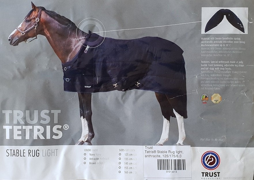 Paardendeken TRUST Stable Rug Light 125/175/6.0 Antraciet, 0 g, Schoftbescherming, Ripstop, Nieuw