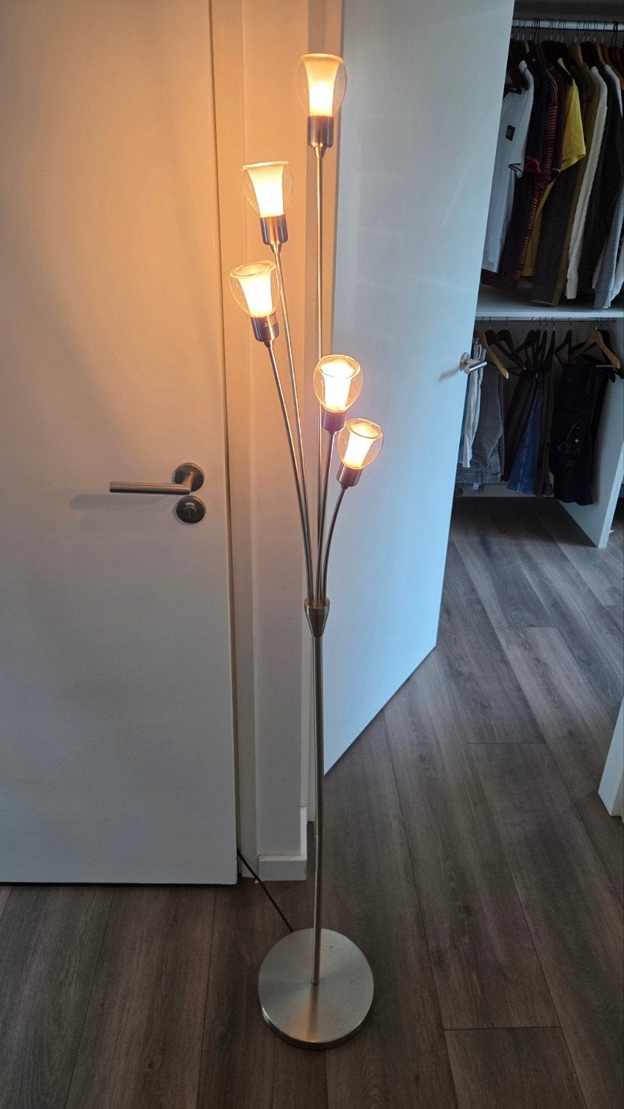 Mooie vloerlamp met 5 lampjes en dimmer, incl. 5 reserve, Ophalen, Gebruikt, Glas, 150 tot 200 cm