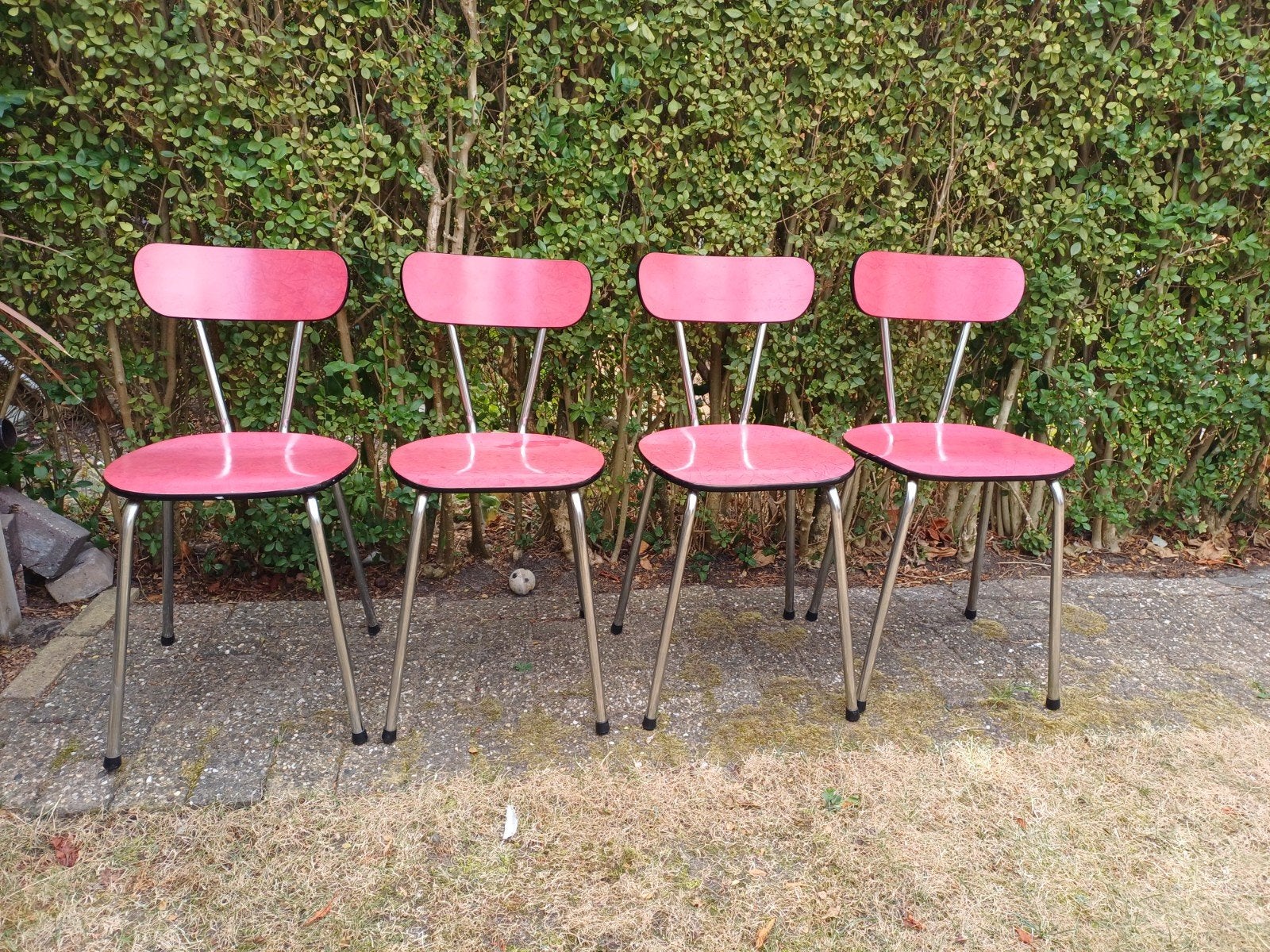 4 vintage formica Brabantia stoelen rood, Ophalen, Gebruikt, 60 tot 90 cm, Metaal