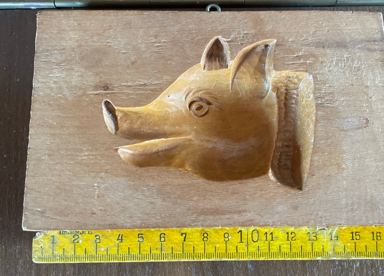 Houten wanddecoratie varkenskop- Handgesneden, Overige onderwerpen, Minder dan 20 cm, Ophalen of Verzenden, Handgemaakt