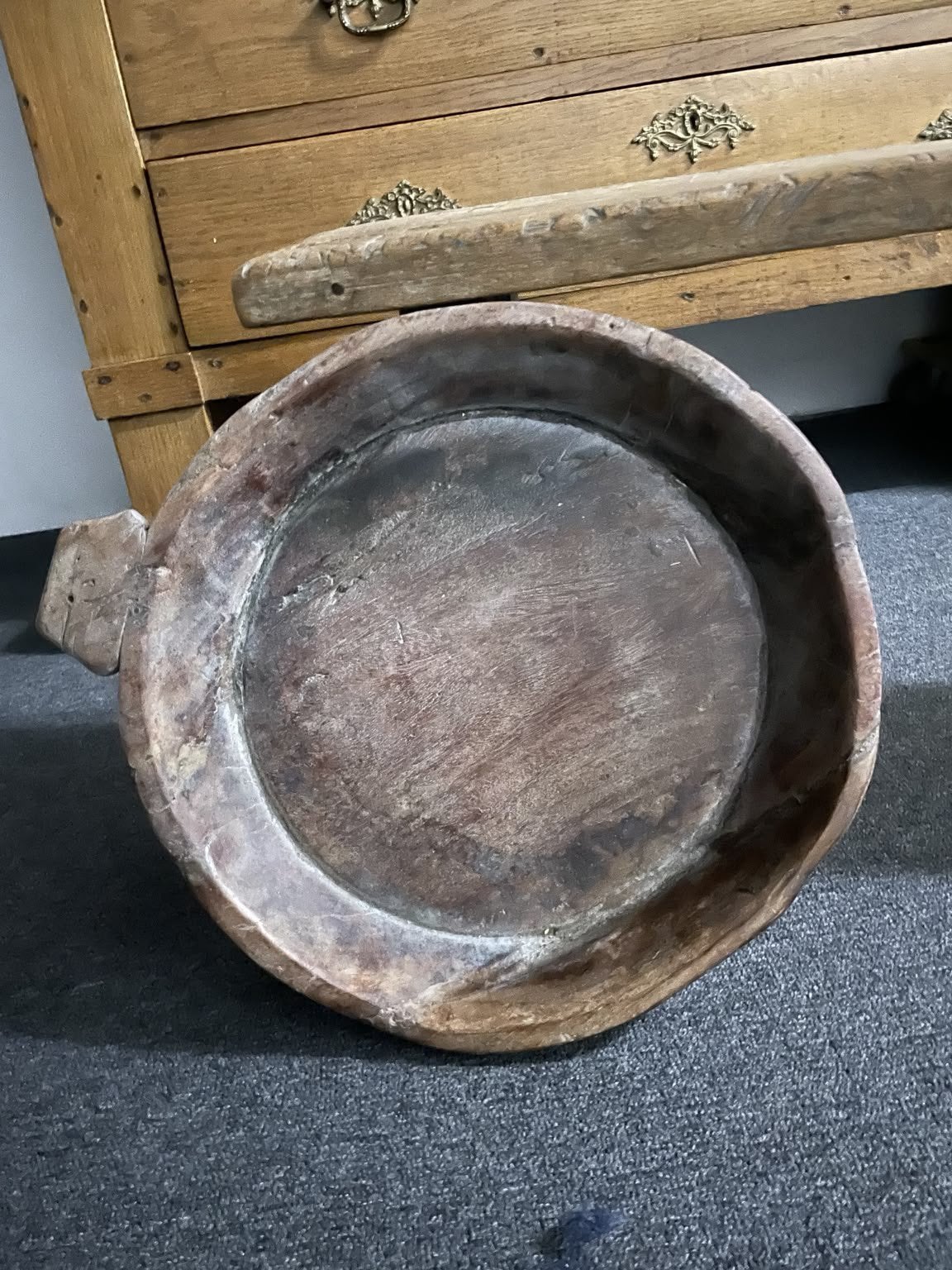 Oude houten schaal, 47 cm, Ophalen, Gebruikt, Rond, Hout